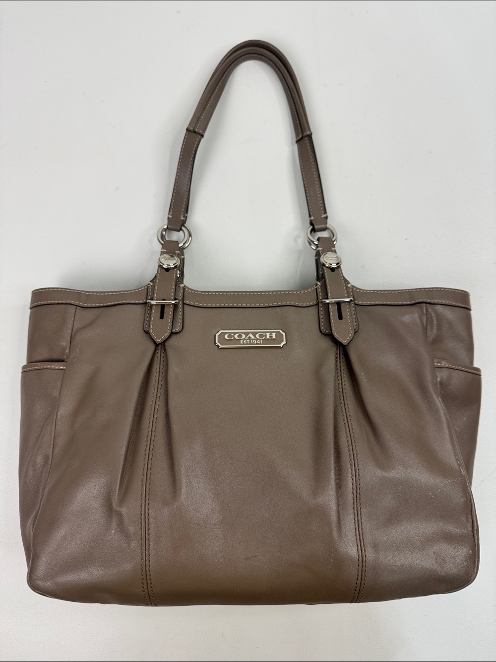 COACH Taupe Brown Leather Shoulder Tote Silver Hardware purple lined Creed Patch